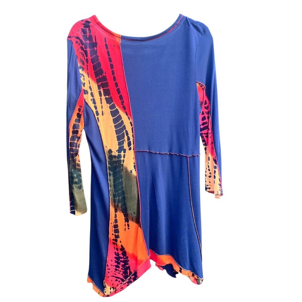 NWOT Parsley & Sage Navy Blue Orange Tie-Dye Asymmetrical Dress, Med Boho Y2K